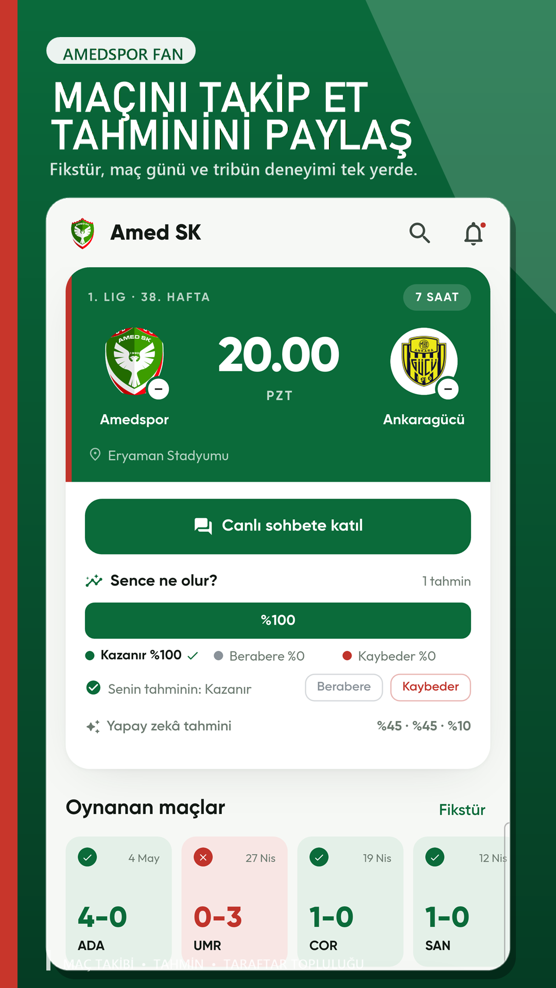 Amedspor Fan maç merkezi ve tahmin ekranı